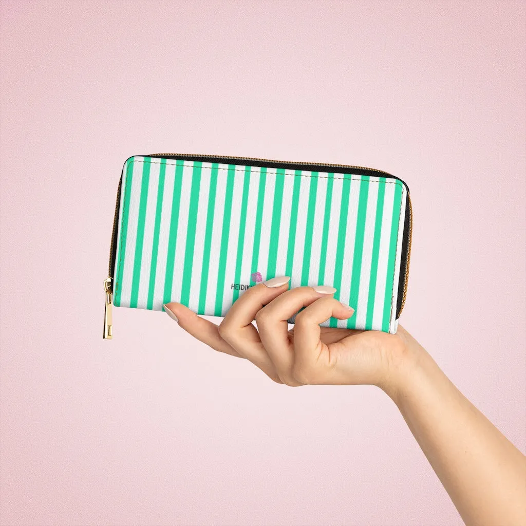 Turquoise Striped Women's Zipper Wallet, Vertical Stripes Long Compact Designer Premium Quality Women's Wallet