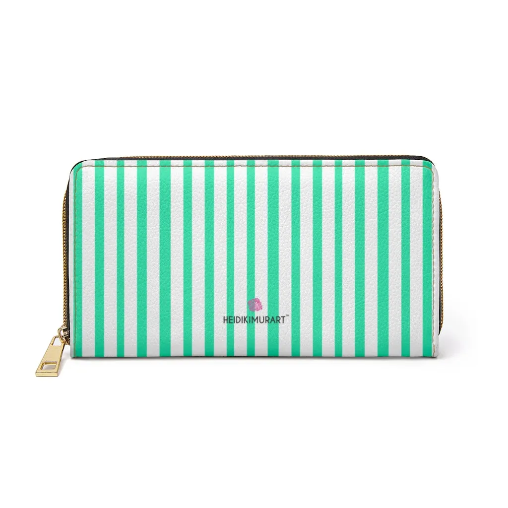 Turquoise Striped Women's Zipper Wallet, Vertical Stripes Long Compact Designer Premium Quality Women's Wallet