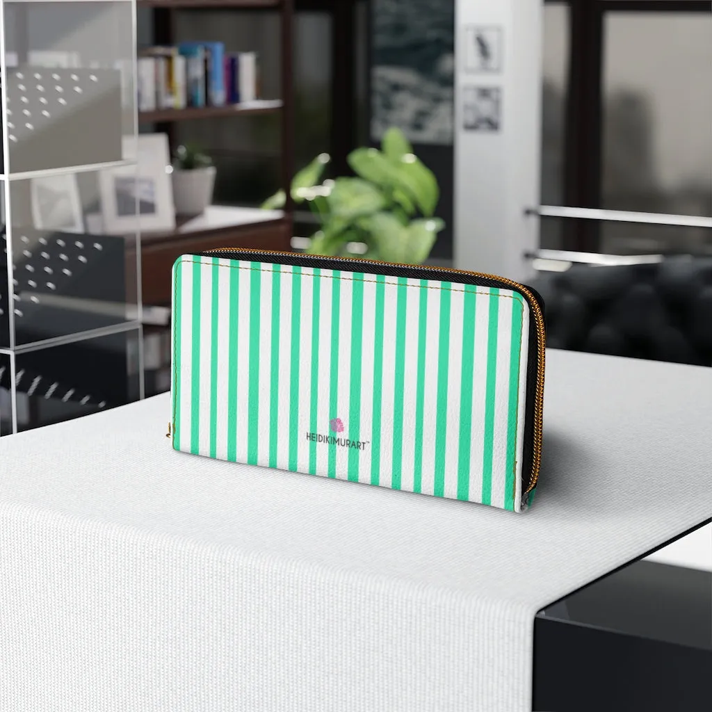 Turquoise Striped Women's Zipper Wallet, Vertical Stripes Long Compact Designer Premium Quality Women's Wallet