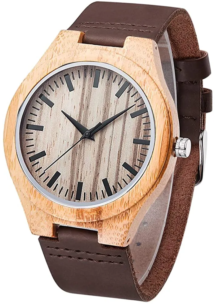 Unisex Wooden Watch for Men and Women Analog Quartz Lightweight Handmade Casual Watches with Cowhide Leather Strap