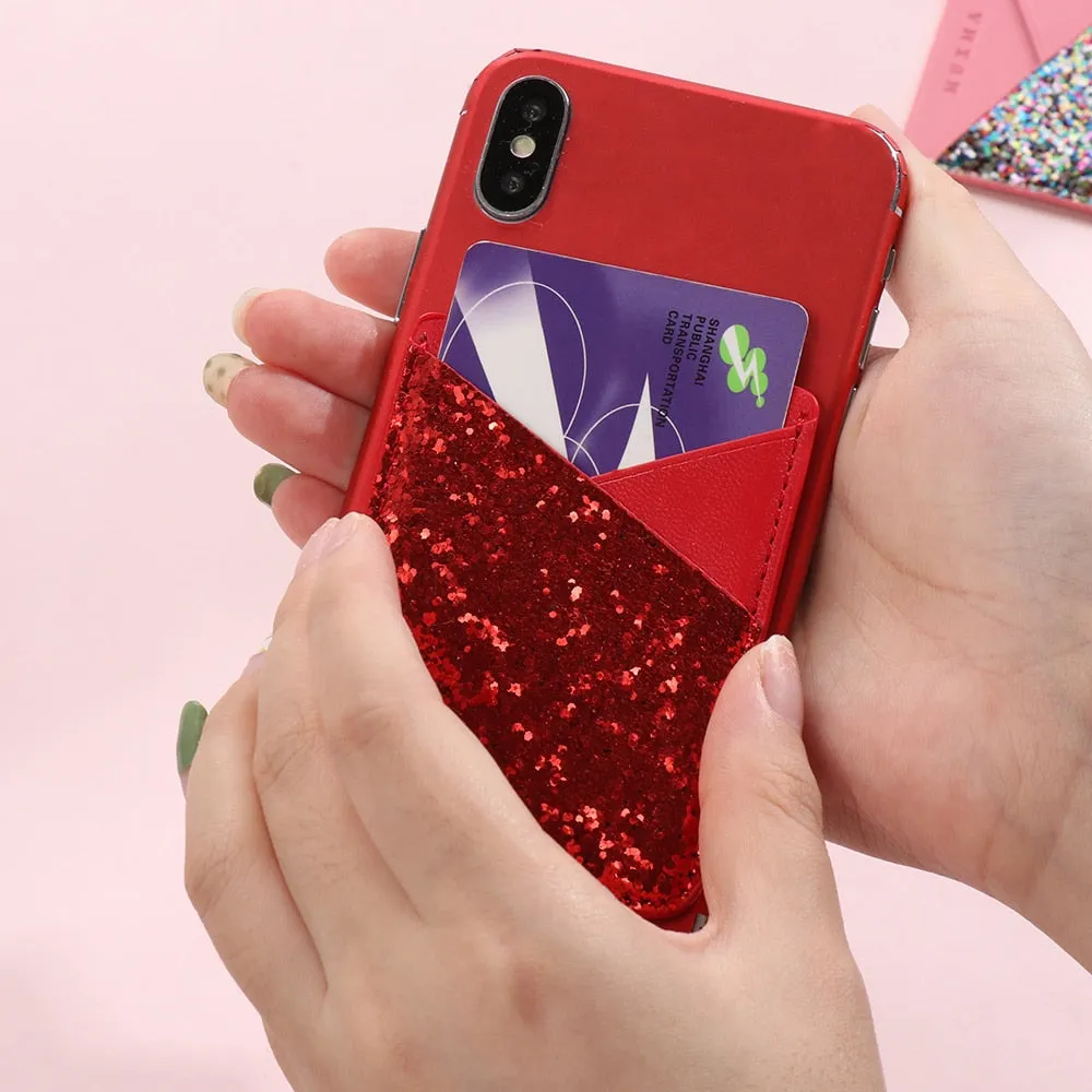 Universal Sequins Card Holder Stick On Pouch For Cell Phone Case