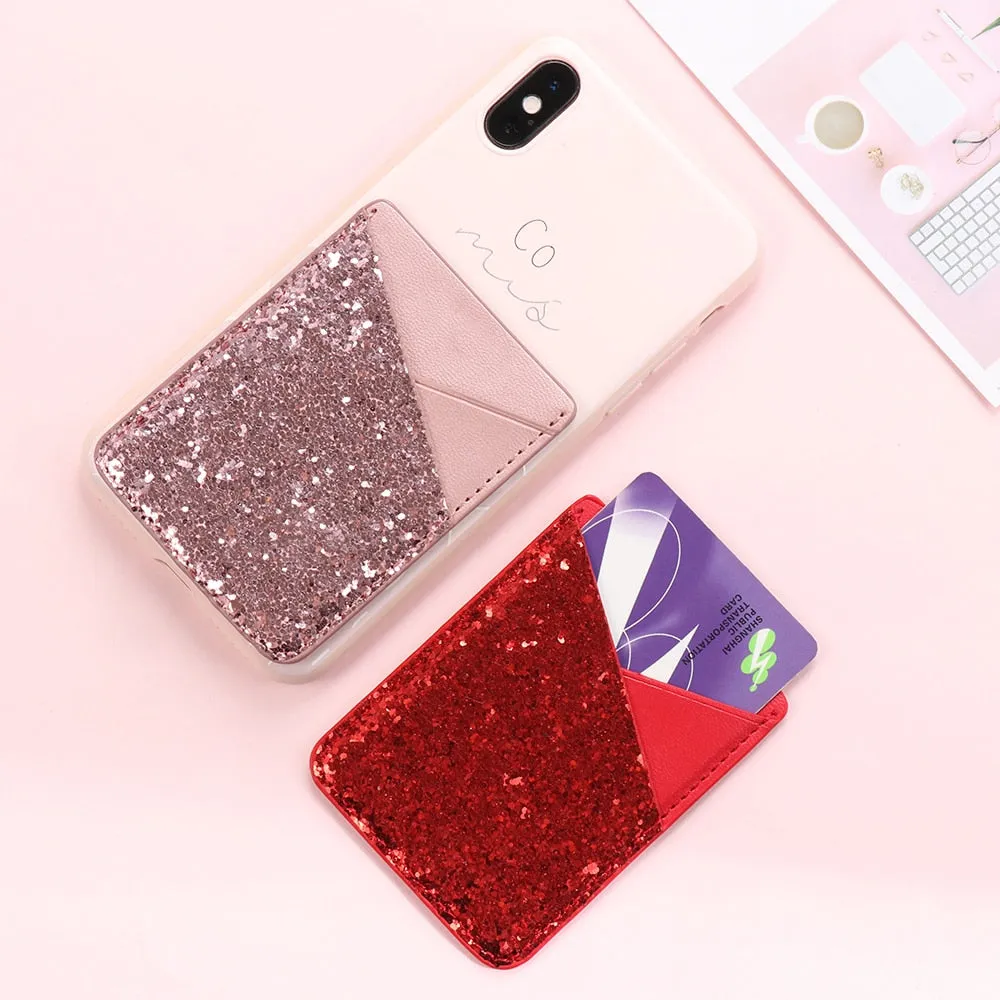 Universal Sequins Card Holder Stick On Pouch For Cell Phone Case