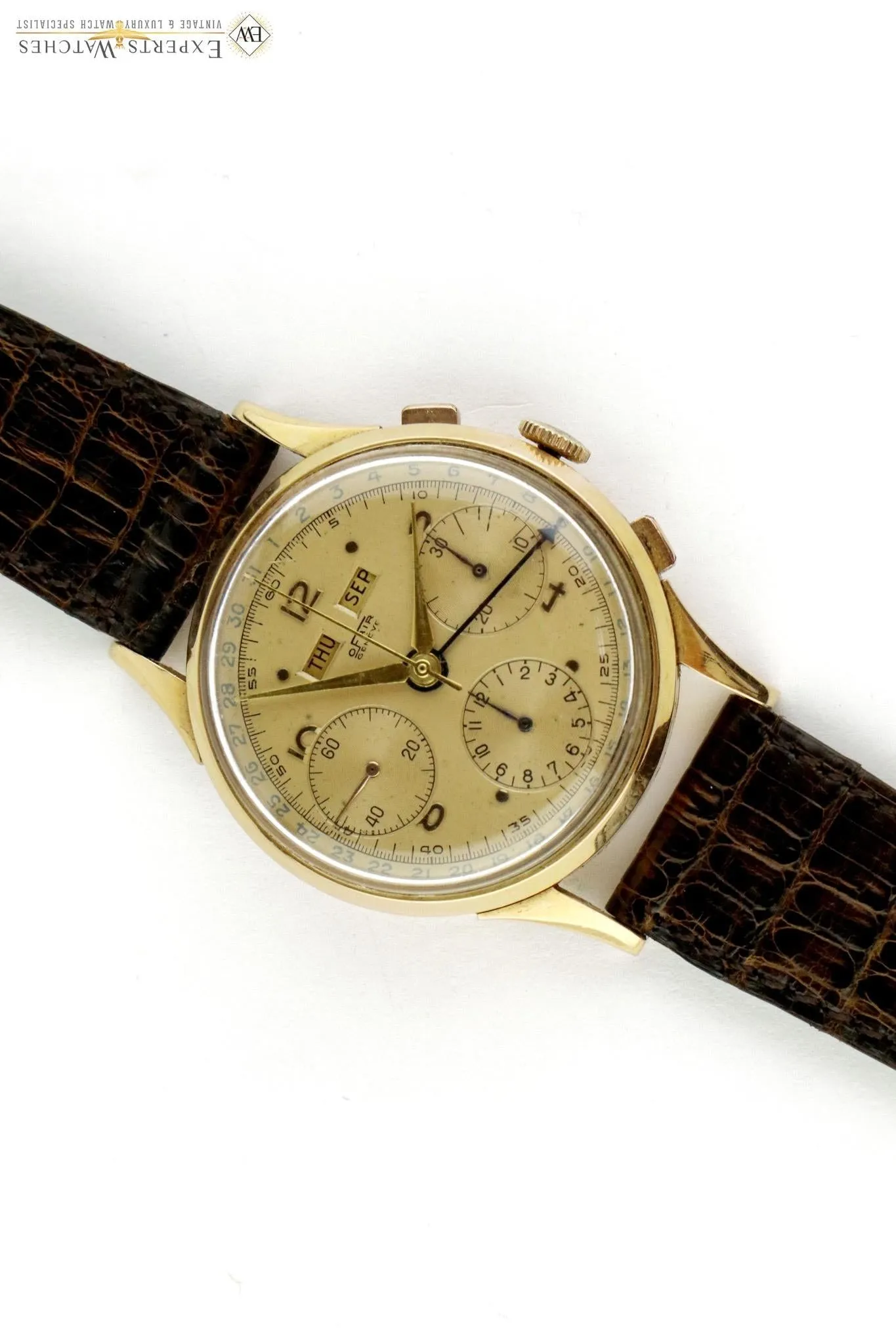 Vintage 1950's OFAIR Triple Date Chronograph 18K Gold Box Paper DATORA TRI Watch