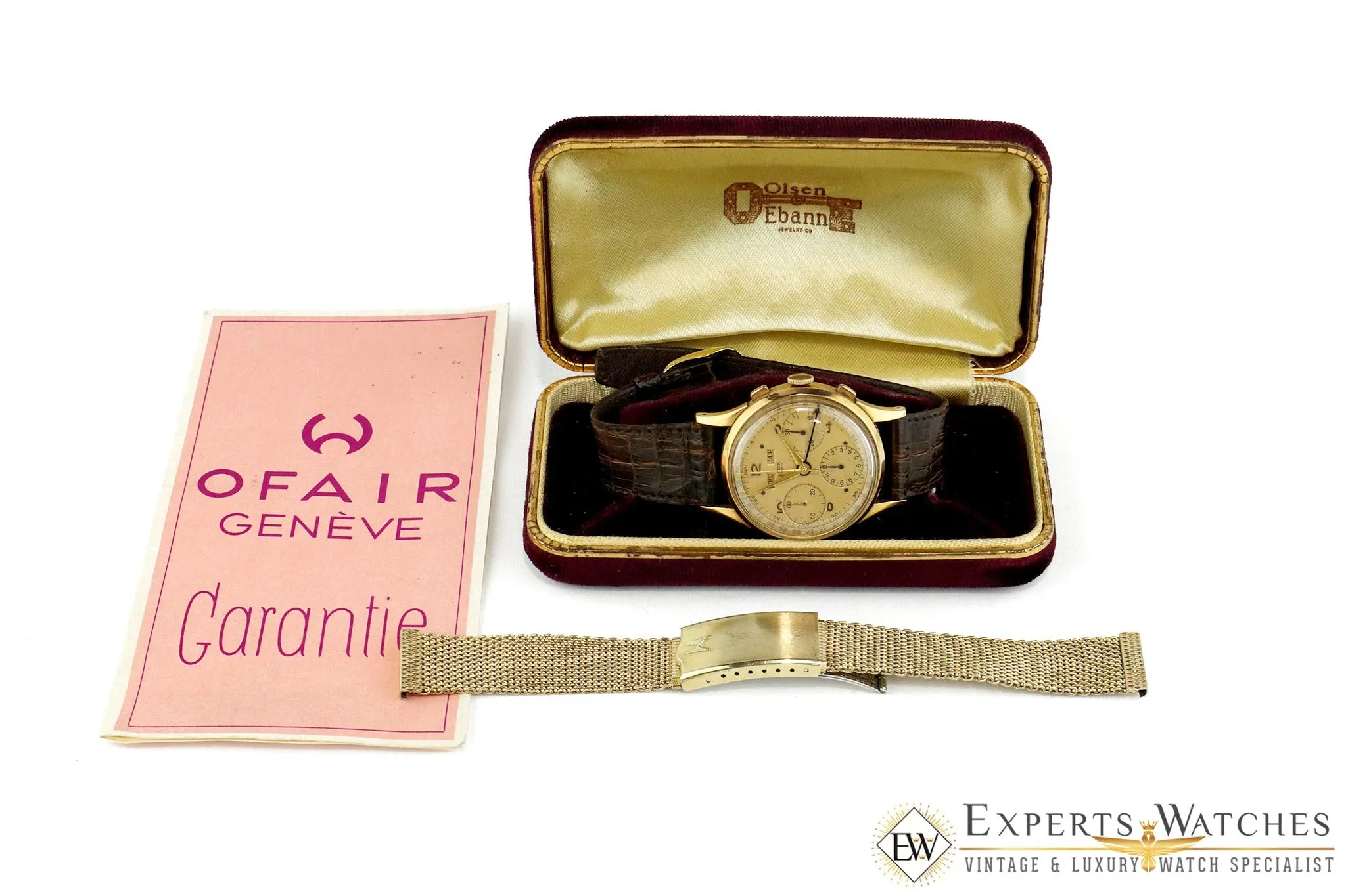 Vintage 1950's OFAIR Triple Date Chronograph 18K Gold Box Paper DATORA TRI Watch