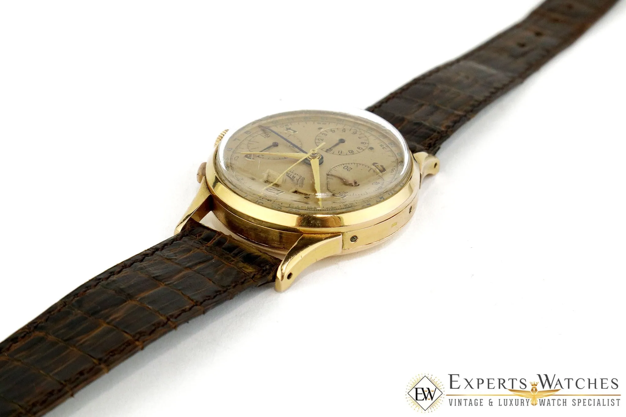 Vintage 1950's OFAIR Triple Date Chronograph 18K Gold Box Paper DATORA TRI Watch