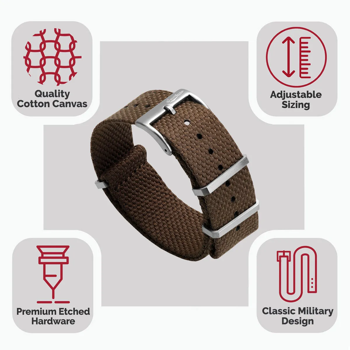 WatchGecko Braemore Military Canvas Watch Strap - National Brown