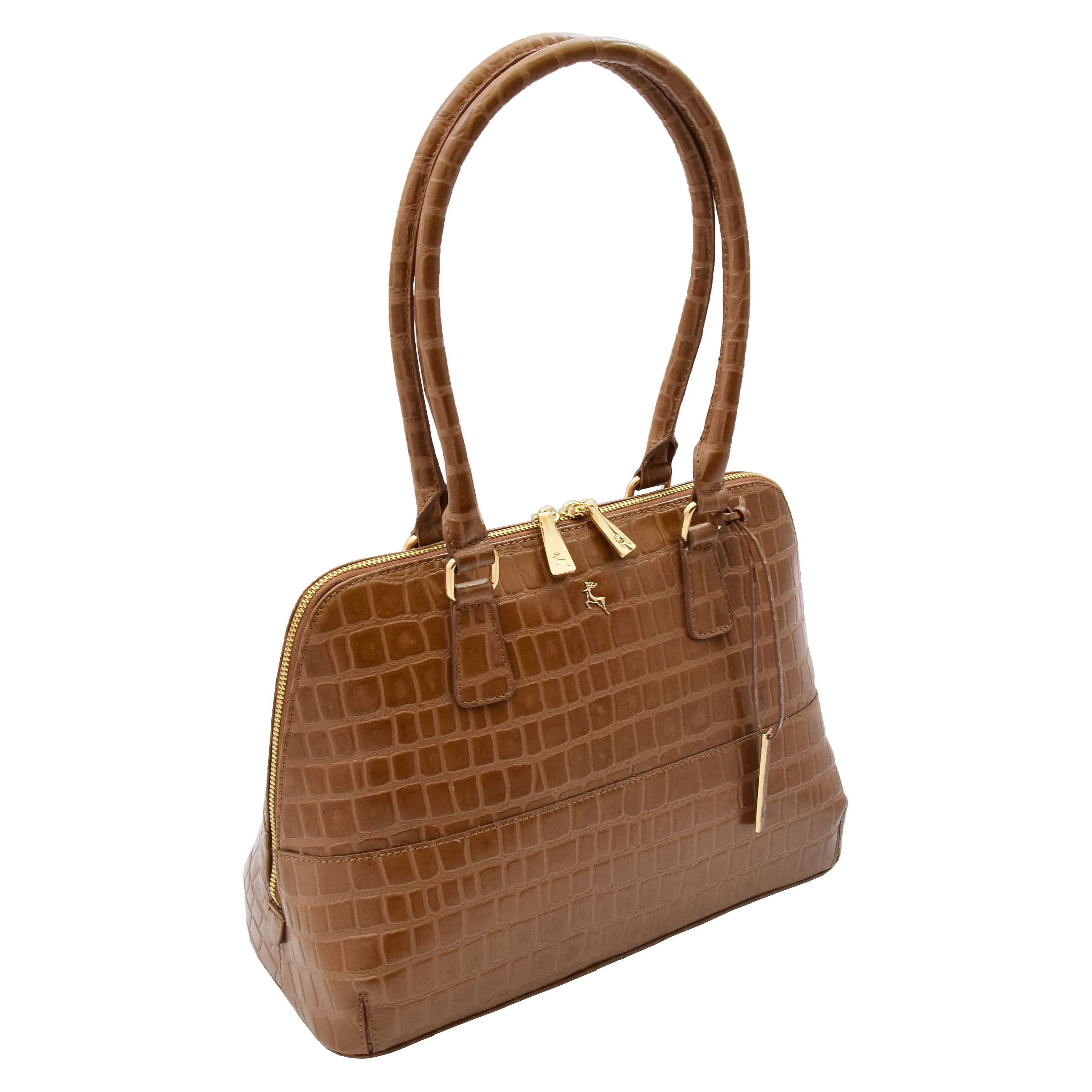 Womens Leather Hobo Bag Croc Print Annabelle Tan