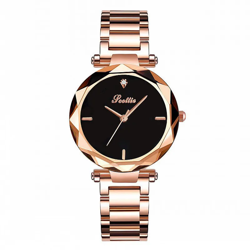 Women's Watch diamond black large dial stainless steel strap Fashionable Quartz watch