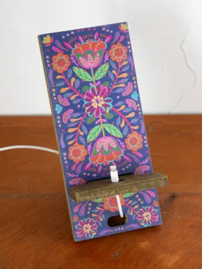 Wooden Phone Stand - Navy Folk Flower