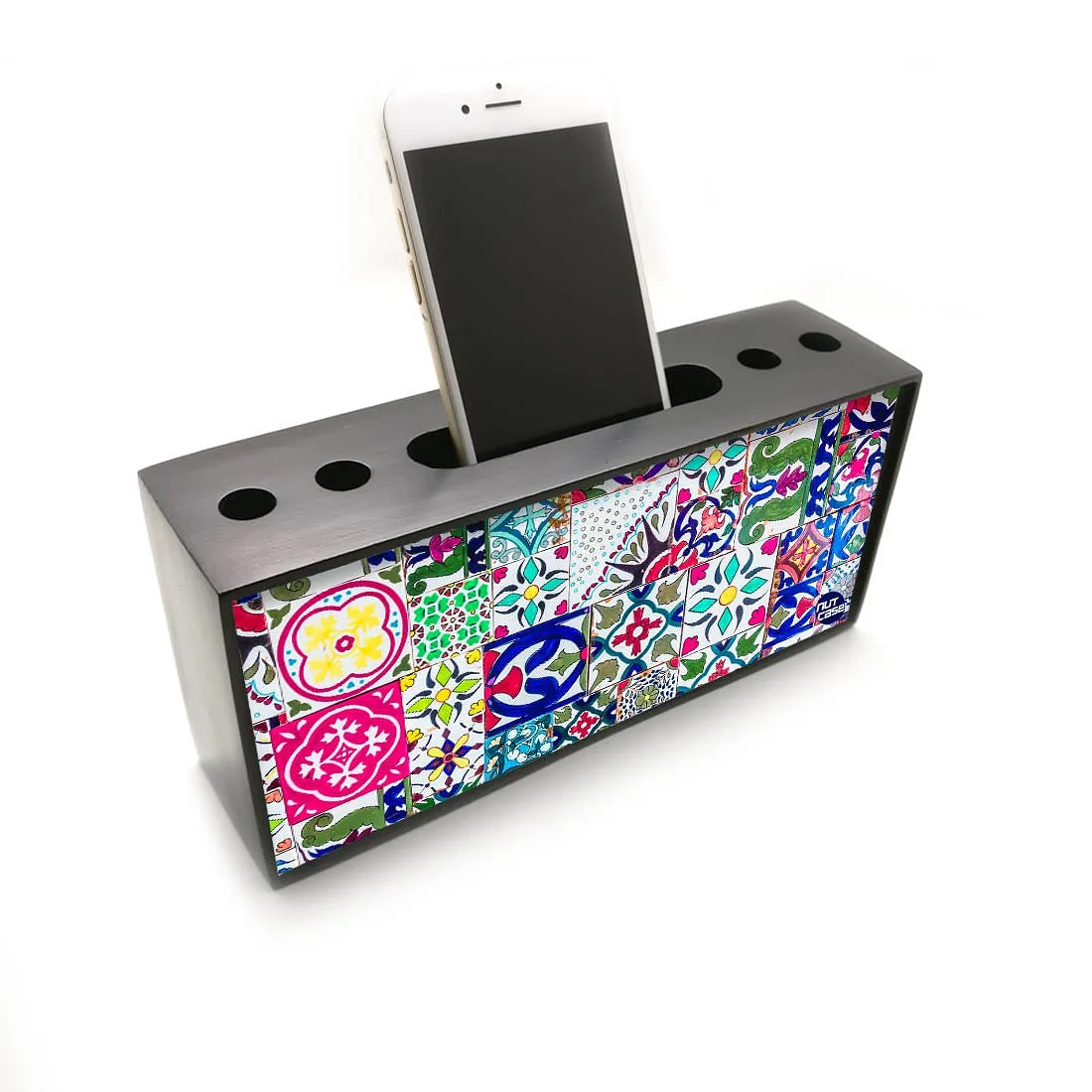 Wooden Table Organizer Pen Stand with Phone Stand for Office - Aztec Pattern