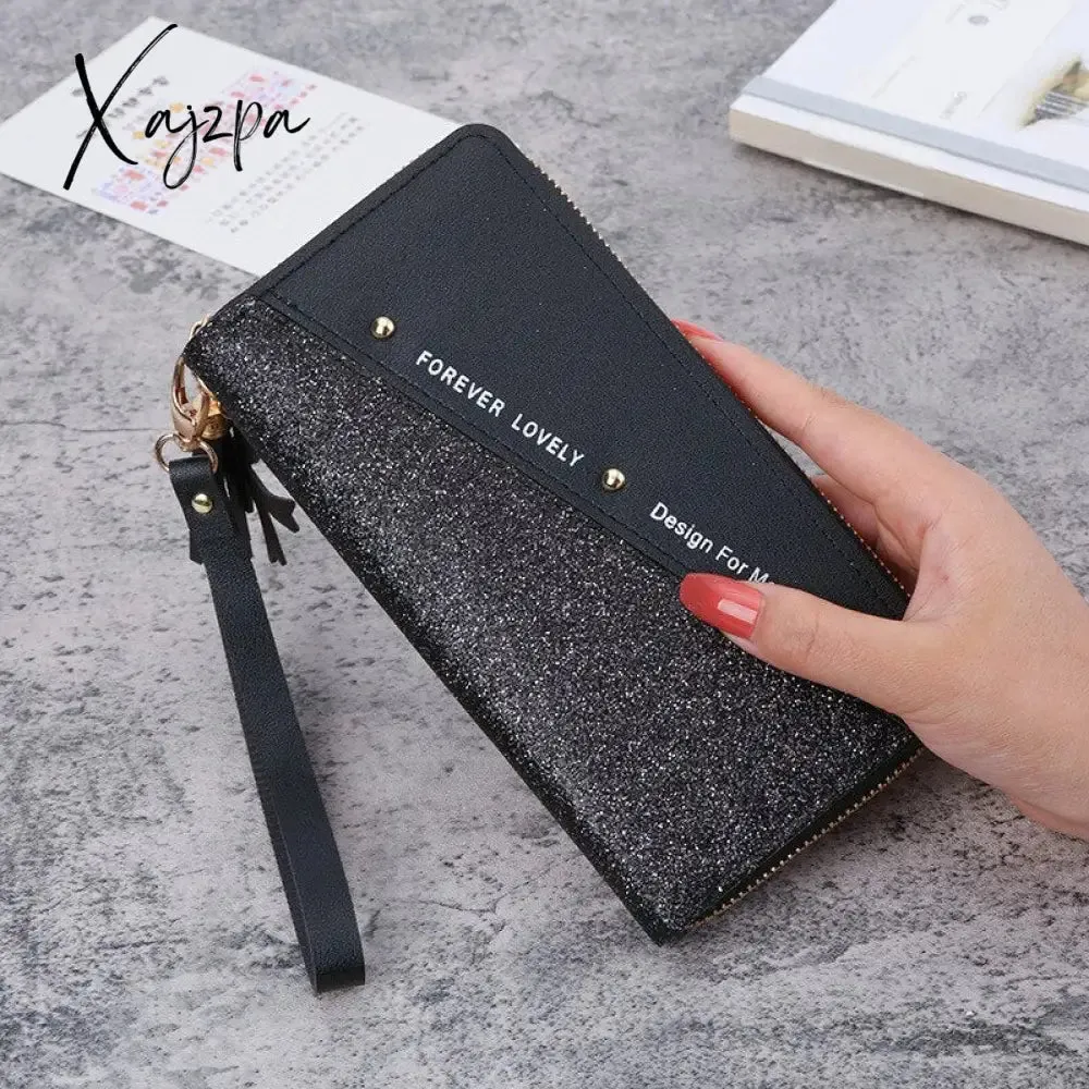 Xajzpa - Long Wallet For Women Patchwork Sequin Clutch Bag Glitter Pu Leather Lady Phone Bag Card Holder Coin Purse Female Wallets